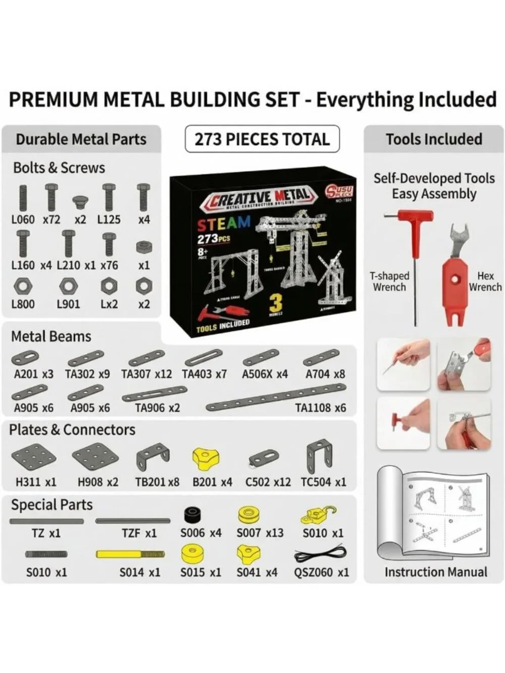 273pcs Metal Building Toy Set - 3-in-1 Tower Crane, Windmill & Erector Kit for - Picture 8 of 9